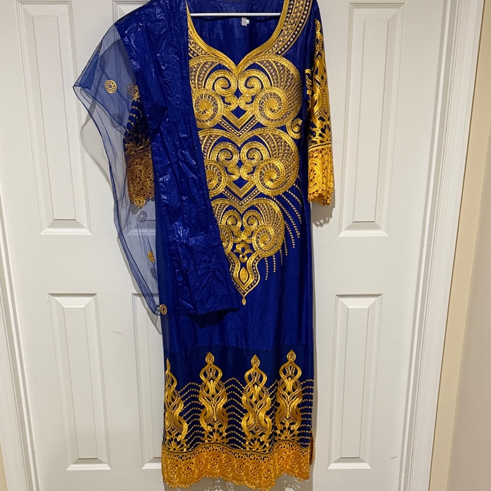 Elegant Blue and Gold Embroidered Dress